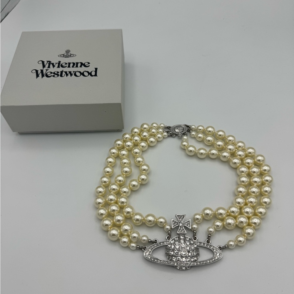 Vivienne Westwood Ivory Pearl Multi-Strand Necklace with Crystal Orb Pendant